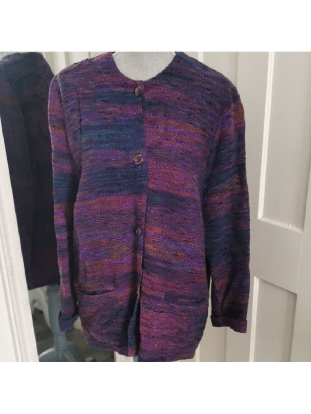 Vintage multicolor boucle knit pendleton style cardigan coat with pockets.Size M